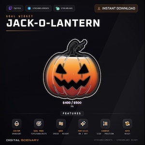 Könnte beinhalten: Ein digitales Jack-O-Lantern Ziel-Widget für Streaming, das einen orange-roten Verlaufskürbis mit einem schwarzen geschnitzten Gesicht zeigt. Die Oberfläche enthält den Text "JACK-O-LANTERN", eine Fortschrittsanzeige "$400 / $500" und verschiedene Symbole.