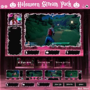 Könnte beinhalten: Ein pinkfarbenes Halloween-Stream-Paket mit dekorativem Rahmen. Das Paket enthält einen Webcam-Rahmen, eine Spielanzeige und verschiedene Overlay-Bildschirme. Der Text enthält "Halloween Stream Pack", "Be Right Back", "Starting Row", "Stream Offline".