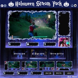 Könnte beinhalten: Ein Halloween-Stream-Paket mit einem dunkelblauen und weißen Thema. Das Paket enthält verschiedene Bildschirme mit einer Spielszene, einem Streamer und Textfeldern. Der Text enthält "Starting Row", "Be Right Back" und "Stream Offline".