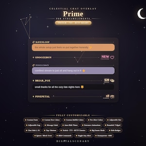 Può includere: Una sovrapposizione di chat digitale viola scuro per lo streaming con un tema celeste, costellazioni stellari e una luna crescente. L'interfaccia mostra nomi utente, messaggi di chat e icone di avviso con fumetti personalizzabili.