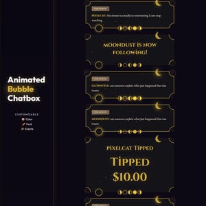 Animated Bubble Chatbox Stream Package | Celestial Moon Gold Twitch Alerts Overlays OBS Kit Dark Magical Customizable Live Streaming Setup