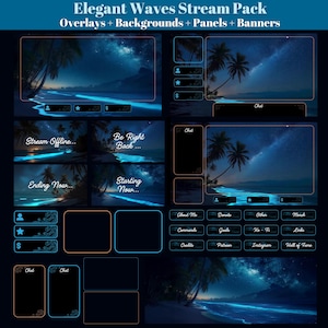 Könnte beinhalten: Ein digitales Kunstpaket mit Overlays, Hintergründen, Panels und Bannern. Das Thema ist ein elegantes Ozeanwellen-Design mit einem dunkelblauen Farbschema. Der Text enthält "Stream Offline", "Be Right Back", "Ending Now" und "Starting Now".