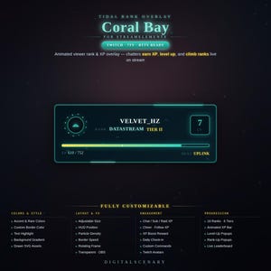 Puede incluir: Una superposición de streaming digital titulada Coral Bay para StreamElements. La interfaz presenta un marco rectangular oscuro con bordes de color verde azulado brillante, mostrando un nombre de usuario, rango, nivel 7 y una barra de XP.
