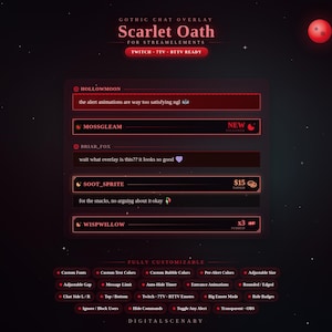 May include: A digital chat overlay titled Scarlet Oath for StreamElements, featuring a dark background with red accents, a glowing red moon, and sample chat messages. The interface includes customizable settings for fonts, colors, and animations.