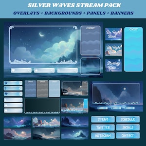 Pode incluir: Um pacote de arte digital com um tema de céu noturno, com sobreposições, fundos, painéis e banners. O design inclui uma lua crescente, nuvens e ondas do oceano. O pacote inclui caixas de bate-papo e botões de mídia social.