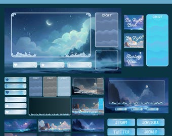 Silver Waves Stream Overlay Pack – Animated Ocean-Themed Twitch Banners, Panels, Screens, Chatboxes & OBS Overlays Instant Download,