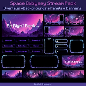 Puede incluir: Un paquete de arte digital con temática espacial. Incluye superposiciones, fondos, paneles y banners. La paleta de colores está dominada por tonos de morado, rosa y azul. El texto incluye "Space Oddysey Stream Pack", "Be Right Back..." y nombres de plataformas de redes sociales.