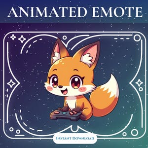 May include: Animated emote featuring a cartoon fox with orange fur, white accents, and large eyes. The fox is holding a game controller against a starry background. Text at the top reads "ANIMATED EMOTE" and "INSTANT DOWNLOAD" at the bottom.
