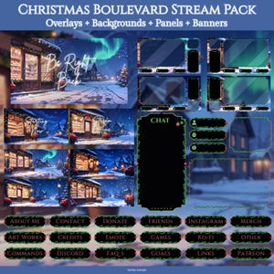 Może przedstawiać: Pakiet grafiki cyfrowej o tematyce bożonarodzeniowej, zawierający nakładki, tła, panele i banery. Projekt zawiera zaśnieżone sceny uliczne, świąteczne oświetlenie i tekst, taki jak "Be Right Back" i "Starting Now". Pakiet zawiera również różne przyciski mediów społecznościowych i poleceń.