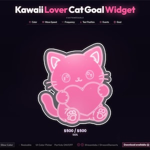 May include: A pink Kawaii cat graphic holding a heart, with a white outline, set against a dark background. The text "Kawaii Lover Cat Goal Widget" is at the top. The graphic is customizable with options for color, wave speed, and text position.
