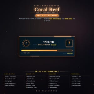 Puede incluir: Una superposición animada de rango y XP para espectadores de StreamElements titulada Coral Reef. La interfaz presenta un marco rectangular con una barra de progreso, un indicador de nivel y estadísticas de usuario para Vaelith, Datastream Tier II y nivel 8.
