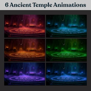 May include: Six digital illustrations of ancient temple animations. Each animation features a circular platform with glowing symbols, set within a cavernous space. The animations showcase various color schemes, including red, green, blue, and purple, with the text "6 Ancient Temple Animations" at the top.