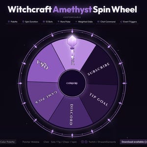 Animerat Twitch-överlägg med Amethyst Witchcraft Spin Wheel | Lila anpassat Streamlabs OBS-spelwidgetkit interaktivt kommandohändelseverktyg