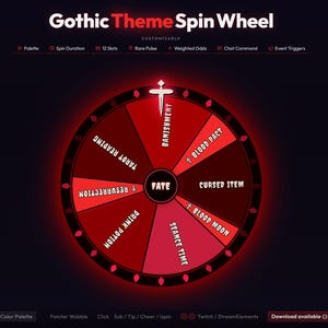 May include: A digital graphic of a Gothic Theme Spin Wheel in red and black. The wheel is segmented with phrases such as "Tarot Reading" and "Cursed Item". The word "Fate" is at the centre of the wheel.