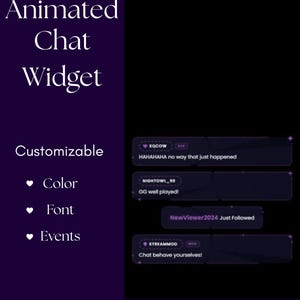 May include: A digital graphic promoting an animated chat widget. The text includes "Animated Chat Widget" and "Customizable" with options for color, font, and events. Sample chat messages are displayed in a dark purple theme.