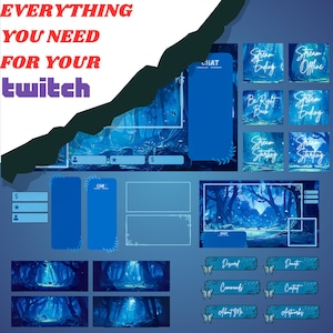 Blue  Forest Stream Package, Animated Overlays & Backgrounds, Twitch Banners, Panels, Chat Frames, Gameplay Frames, Instant Download