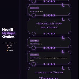 Op de afbeelding: Een donkerpaars Moonlit Mystique Chatbox-ontwerp met aanpasbare kleur, lettertype en evenementen. De chatbox toont volgersmeldingen en een fooibericht. De tekst bevat "VIBECHECK IS NOW FOLLOWING!" en "LUNARGLOW TIPPED".