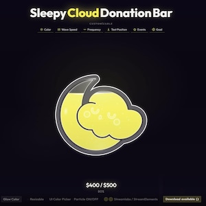 Op de afbeelding: Een digitale afbeelding voor een "Sleepy Cloud Donation Bar" met een geel wolk- en maanontwerp. De tekst "Sleepy Cloud Donation Bar" staat bovenaan. De afbeelding staat op een zwarte achtergrond. De balk is aanpasbaar.