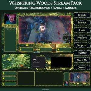 Peut inclure: Un pack de streaming numérique intitulé "Whispering Woods" avec des superpositions, des arrière-plans, des panneaux et des bannières. Le design présente un schéma de couleurs vert et or avec des éléments sur le thème de la nature. Comprend des sections pour le chat, les crédits, les amis, les liens, les listes de lecture, Snapchat, Twitter, À propos de moi et Discord.