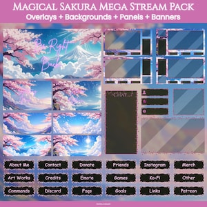 May include: A digital art pack with a Japanese sakura theme. The pack includes overlays, backgrounds, panels, and banners. The design features cherry blossom trees, blue skies, and the text "Be Right Back" and "Chat". There are also buttons for various social media and streaming functions.