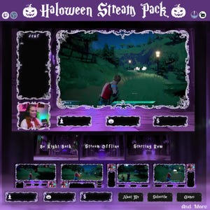 May include: A Halloween Stream Pack design with a purple and black color scheme. The design includes frames, overlays, and panels for streaming. The text "Halloween Stream Pack" is at the top. The pack includes "Be Right Back", "Stream Offline", and "Starting Row" screens.