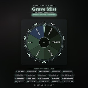 May include: A digital spin wheel graphic titled Grave Mist for StreamElements, featuring a dark circular interface with six segments labeled Just Chat, Subscribe, Tip Goal, Discord, Game Pick, and Q&A, accented with bat icons and a sword pointer.