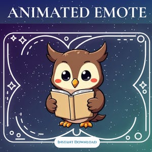 Può includere: Un'emote animata con un gufo dei cartoni animati con piume marroni, grandi occhi e un becco giallo, che legge un libro. Lo sfondo è un cielo stellato con il testo "ANIMATED EMOTE" e "INSTANT DOWNLOAD".