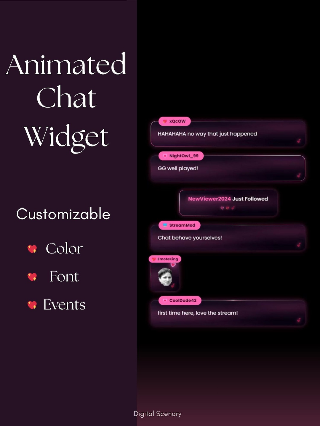 Animated Pink Neon Chat Widget, Customizable Streamelements Overlay ...