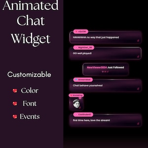 May include: Digital graphic of an animated chat widget with customisable features. The text reads "Animated Chat Widget", "Customisable", "Color", "Font", and "Events". Chat bubbles display user comments.