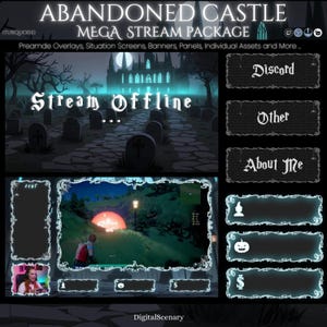 May include: A digital art package with a gothic theme, featuring an abandoned castle and graveyard scene. Includes overlays, banners, and panels for streaming. The text reads "ABANDONED CASTLE MEGA STREAM PACKAGE" and "Stream Offline".