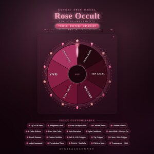 Puede incluir: Un gráfico de ruleta digital titulado Rose Occult para StreamElements, con un esquema de color rojo oscuro y rosa. La rueda incluye segmentos etiquetados como Subscribe, Tip Goal, Discord, Game Pick y Just Chat, con un puntero central.