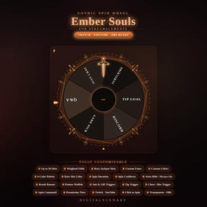 以下が含まれることがあります： StreamElements用のEmber Soulsと題されたデジタルスピンホイールグラフィック。剣のポインターが付いたダークブラウンの円形インターフェースが特徴です。ホイールにはJust Chat、Subscribe、Tip Goal、Discord、Game Pick、V&Dとラベル付けされたセグメントが含まれています。