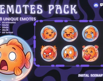 8 Animated Goldfish Emotes Pack Twitch Discord | Cute Custom Gaming Streamer Chat GIF Expressive Unique Graphics Set