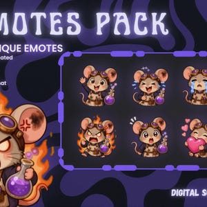 May include: A digital emote pack featuring 15 animated mouse characters in steampunk-inspired attire, including goggles and aprons, holding purple potion bottles. The text reads EMOTES PACK, 15 UNIQUE EMOTES, and DIGITAL SCENARY on a dark purple background.