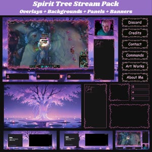 Peut inclure: Un pack de stream numérique avec un thème violet et noir. Le pack comprend des superpositions, des arrière-plans, des panneaux et des bannières. Le texte sur l'image indique "Spirit Tree Stream Pack" et inclut des options pour Discord, Credits, Contact, Commands, Art Works et About Me.