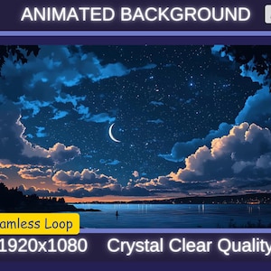 May include: Animated background with a night sky filled with stars and a crescent moon. The sky is a dark blue with clouds and a light blue horizon. The text "Seamless Loop" and "1920x1080 Crystal Clear Quality" is at the bottom of the image.