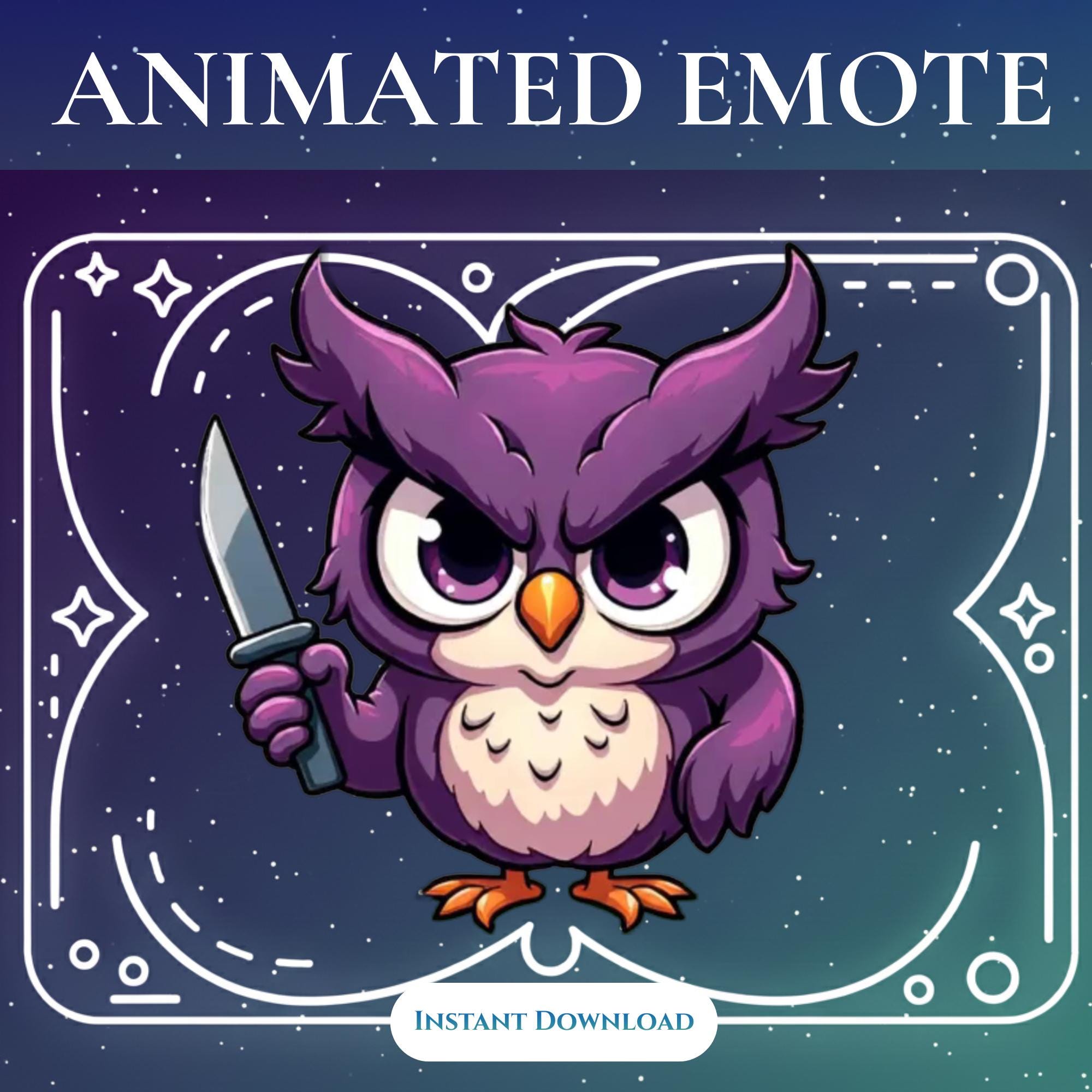 Animated Knife Owl Emote | Cute Purple Owl Twitch Discord Chat Graphic Instant Download