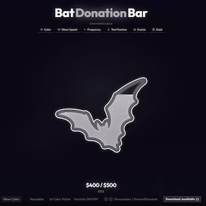 May include: A digital interface with the text "Bat Donation Bar" at the top. A stylized bat graphic is centered, with a progress bar indicating 80% completion. Various customization options are listed above the bat graphic.