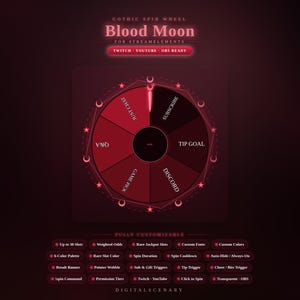 May include: A digital spin wheel graphic titled Blood Moon for StreamElements, featuring a dark red circular interface with six segments labeled Just Chat, Subscribe, Tip Goal, Discord, Game Pick, and Q&A, surrounded by star and moon icons.