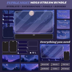 Purple Night Mega Stream Pack | Animated Overlays, Backgrounds, Twitch Panels, Banners, Chatbox, Camera Frame | Instant Download