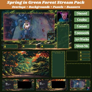 May include: A digital stream pack, "Spring in Green Forest", with overlays, backgrounds, panels, and banners. The design has a forest theme with green and brown colours. Includes panels for Discord, credits, contact, commands, art works, and about me.