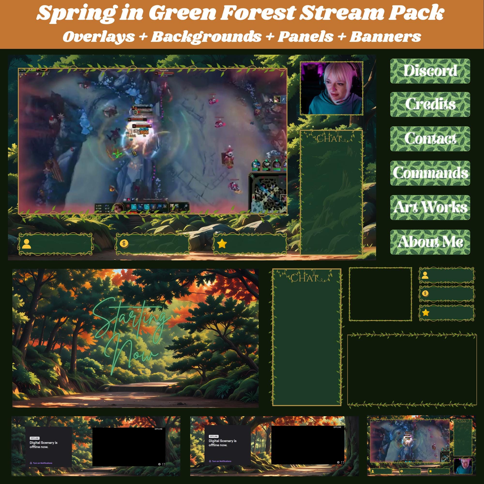 Animated Spring Forest Twitch Overlay Pack, Green Nature Stream Package ...