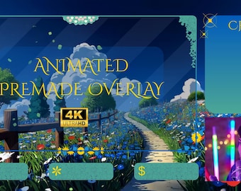 Animated Wildflower Overlay 4K, Premade Twitch Stream Layout with Gaming Frame, Matching Gaming Frame, VTuber Animated Background