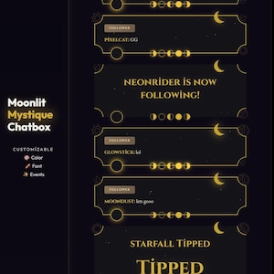 Animated Bubble Chatbox Stream Package | Celestial Moon Gold Twitch Alerts Overlays OBS Kit Dark Magical Customizable Live Streaming Setup