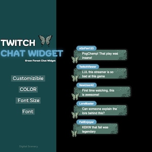 Widget de chat de Bosque Verde, superposición transparente, widget de chat de Twitch, diseño personalizado, diseño de chat, personalizable para streamers, descarga instantánea