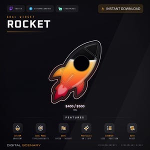 May include: A digital goal widget graphic featuring a rocket icon with a yellow, orange, and red gradient. The rocket has a black nose cone and a circular window. Text includes "GOAL WIDGET ROCKET", "$400 / $500", "70%", and "FEATURES" with icons.
