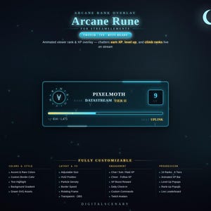 Puede incluir: Una superposición de rango Arcane Rune para StreamElements con fondo azul oscuro e interfaz cian brillante. La pantalla muestra un nombre de usuario, nivel 9 y una barra de experiencia. El texto incluye Arcane Rank Overlay, Pixelmoth y Datastream Tier II.