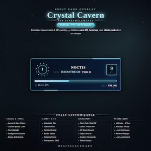 May include: A digital Crystal Cavern Frost Rank Overlay for StreamElements featuring a glowing blue rectangular interface with a level 9 indicator, a progress bar, and the text Noctis Datastream Tier II, designed for Twitch, 7TV, and BTTV platforms.
