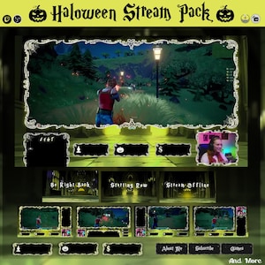 May include: A Halloween-themed stream pack with a decorative frame. The pack includes various screens, such as "Be Right Back" and "Stream Offline," and social media buttons. The top banner reads "Halloween Stream Pack" with pumpkin graphics.
