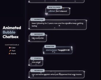 Animated Bubble Chatbox Twitch Overlay, Neon Glow Elements, Customizable OBS Widget, Dark Mode Kick YouTube Gaming Alert Kit, Minimalist UI